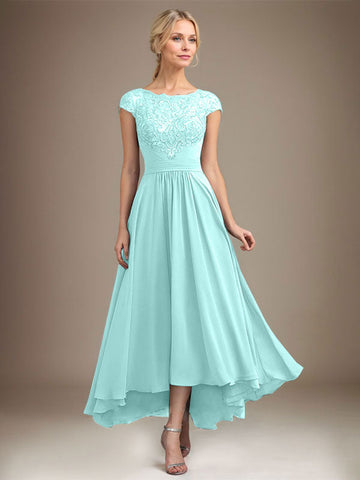 A-line Scoop Illusion Asymmetrical Lace Chiffon Mother of the Bride Dress With Pleated