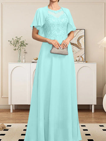 A-line Scoop Illusion Floor-Length Lace Chiffon Mother of the Bride Dress With Sequins