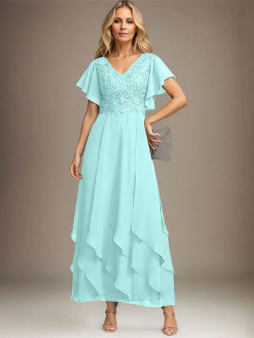 A-line V-Neck Ankle-Length Lace Chiffon Mother of the Bride Dress With Cascading Ruffles