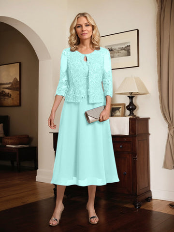 A-line Scoop Tea-Length Lace Chiffon Mother of the Bride Dress With Sequins