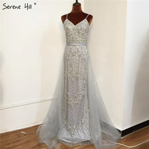 Robe de soirée sirène sexy à bretelles spaghetti, couleur chair argentée, luxueuse, ornée de perles, pour femme, modèle LA70370, 2025 