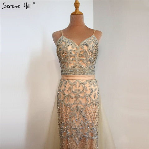Robe de soirée sirène sexy à bretelles spaghetti, couleur chair argentée, luxueuse, ornée de perles, pour femme, modèle LA70370, 2025 
