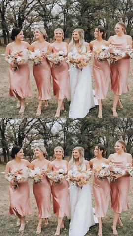 Champagne Bridesmaid Dress Spaghetti Straps Tea Length VMB28