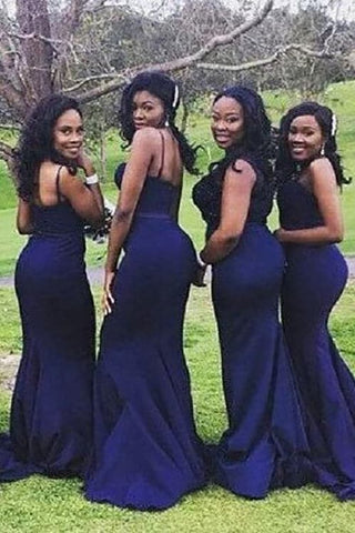 Spaghetti Straps Navy Blue Mermaid Bridesmaid Dress VMB59