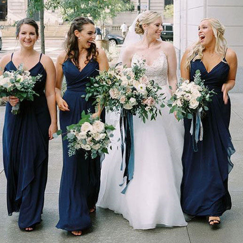 Baoleely Simple Navy Blue Chiffon Bridesmaid Dresses Spaghetti Straps