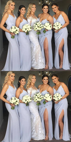 Vestidos de dama de honor largos, azul cielo, sin mangas, con escote en V y tirantes finos de Baoleely