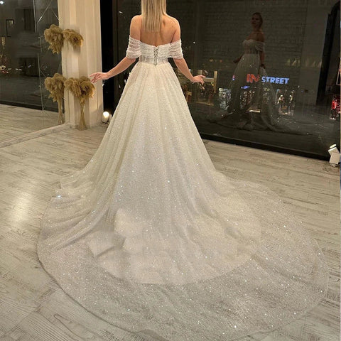 Sparkling Lace Off Shoulder Sweetheart Mopping New Wedding Dresses Bridal Gowns Backless Beautiful Appliques Sweep Train Beach