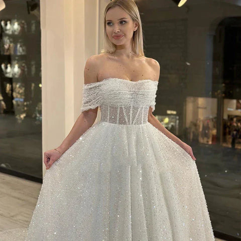 Sparkling Lace Off Shoulder Sweetheart Mopping New Wedding Dresses Bridal Gowns Backless Beautiful Appliques Sweep Train Beach