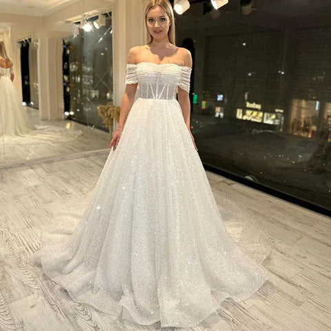 Sparkling Lace Off Shoulder Sweetheart Mopping New Wedding Dresses Bridal Gowns Backless Beautiful Appliques Sweep Train Beach