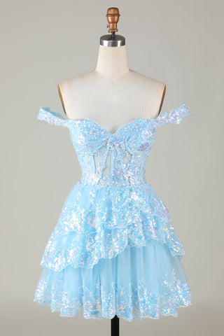 Robe de soirée courte bleu foncé scintillante à épaules dénudées et à volants avec corset et paillettes