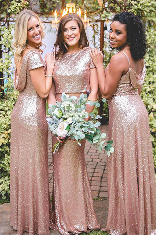 Sparkly Rose Gold Mismatched Sequins Floor Length Bridesmaid Dresses