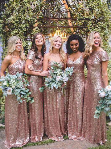 Sparkly Rose Gold Mismatched Sequins Floor Length Bridesmaid Dresses