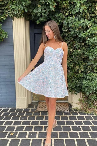 A line spaghetti strap prom dress short prom dresses sequin SYH94