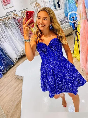 A line spaghetti strap prom dress short prom dresses sequin SYH94