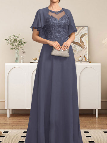 A-line Scoop Illusion Floor-Length Lace Chiffon Mother of the Bride Dress With Sequins
