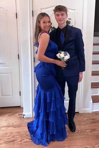 Vestido largo de fiesta verde con tirantes, volantes y escote sirena, con abertura, modelo PSK609