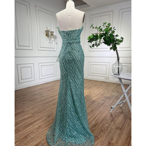 Stunning Turquoise Mermaid Evening Dresses with High Split And Beaded Design Arabic For Women Wedding Party LA72097