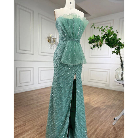 Stunning Turquoise Mermaid Evening Dresses with High Split And Beaded Design Arabic For Women Wedding Party LA72097