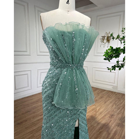 Stunning Turquoise Mermaid Evening Dresses with High Split And Beaded Design Arabic For Women Wedding Party LA72097