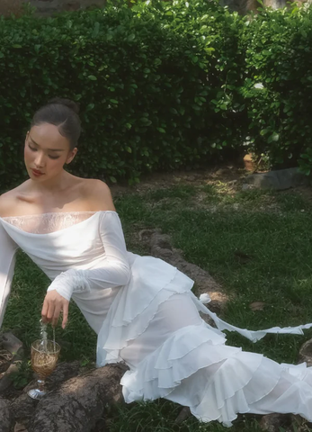 Robe de soirée élégante fourreau en dentelle et mousseline à volants, robe de mariée blanche Y8082