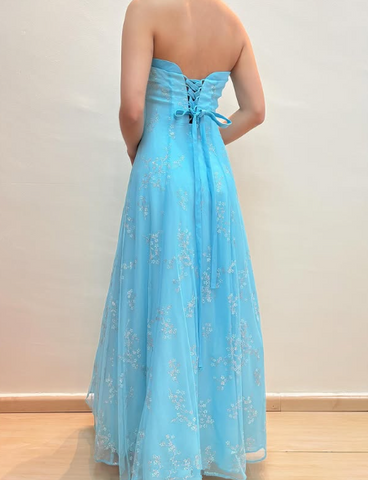 Robe de soirée bleue à sequins brillants sans bretelles, coupe trapèze, modèle Y8140