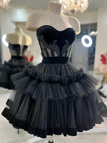 Vestidos cortos negros para baile de bienvenida, con encaje, varillas expuestas, minivestidos de fiesta con pompones, falda tutú de tul, conjuntos góticos de graduación Y2615