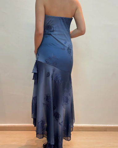 Robe de soirée sirène bustier bleu marine à volants, modèle Y7811