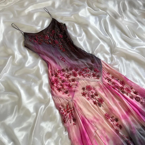 Precioso vestido de noche de gasa con tirantes finos y cuentas, estilo sirena, modelo Y8222