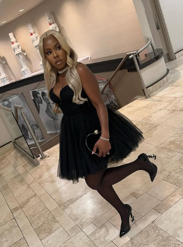 Vestido corto de fiesta de graduación con escote corazón negro y tul, corte en A, modelo Y7923