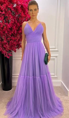 Vestido de fiesta morado de tul con escote en V y corte en A, modelo Y6168
