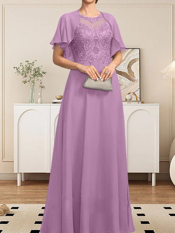 A-line Scoop Illusion Floor-Length Lace Chiffon Mother of the Bride Dress With Sequins
