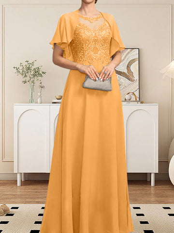 A-line Scoop Illusion Floor-Length Lace Chiffon Mother of the Bride Dress With Sequins