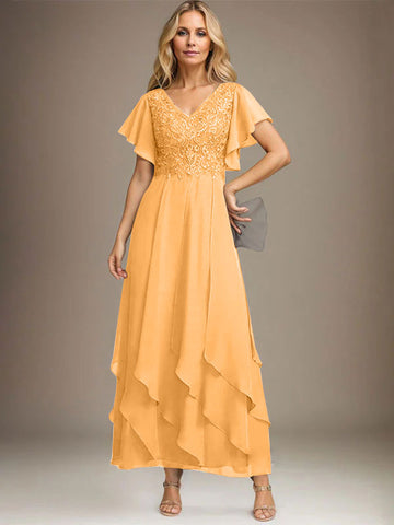 A-line V-Neck Ankle-Length Lace Chiffon Mother of the Bride Dress With Cascading Ruffles