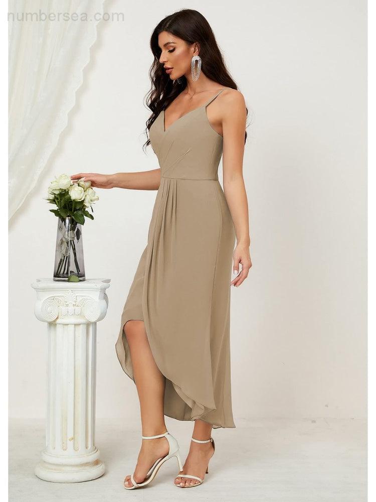 Spaghetti Chiffon V Neck Bridesmaid Dress Mid-Length Slit Formal Prom Dress Homecoming Dress 2803