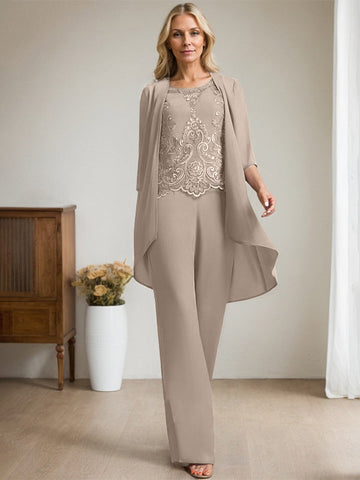 Separates Jumpsuit/Pantsuit Scoop Floor-Length Chiffon Lace Mother of the Bride Dress With Beading Sequins