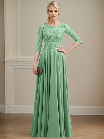 A-line Scoop Illusion Floor-Length Lace Chiffon Mother of the Bride Dress With Sequins