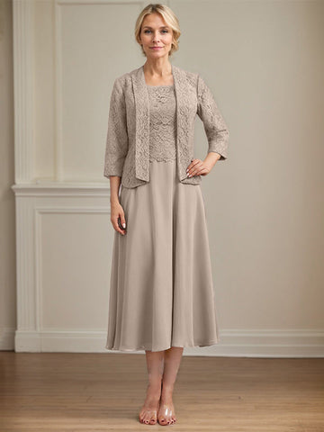 A-line Scoop Tea-Length Lace Chiffon Mother of the Bride Dress
