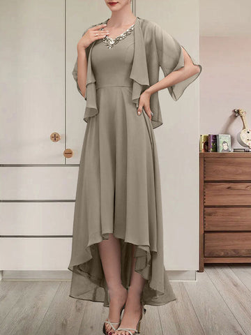 A-line V-Neck Asymmetrical Chiffon Mother of the Bride Dress With Beading Sequins