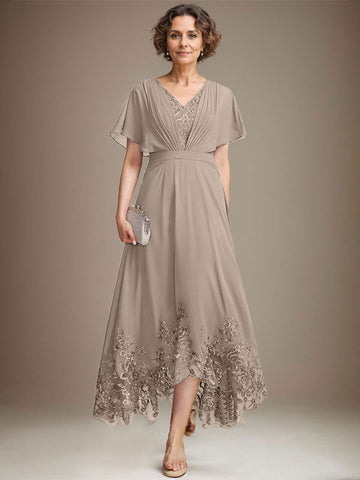 A-line V-Neck Asymmetrical Lace Chiffon Mother of the Bride Dress With Pleated