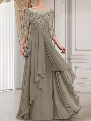 A-line Scoop Illusion Floor-Length Lace Chiffon Mother of the Bride Dress With Cascading Ruffles