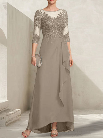 A-line Scoop Illusion Asymmetrical Lace Chiffon Mother of the Bride Dress With Sequins Cascading Ruffles