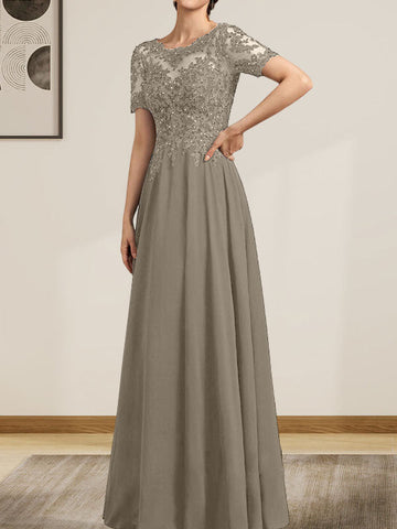 A-line Scoop Illusion Floor-Length Chiffon Lace Mother of the Bride Dress With Sequins Beading