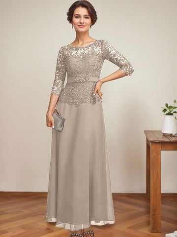A-line Scoop Illusion Ankle-Length Chiffon Lace Mother of the Bride Dress With Rhinestone Beading