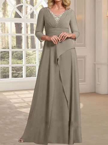 A-line V-Neck Floor-Length Chiffon Mother of the Bride Dress With Pleated Beading
