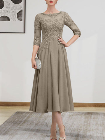 A-line Scoop Illusion Tea-Length Chiffon Lace Mother of the Bride Dress With Beading Sequins
