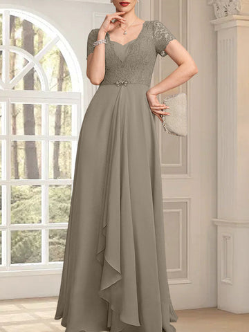 A-line Sweetheart Floor-Length Chiffon Lace Mother of the Bride Dress With Beading Cascading Ruffles