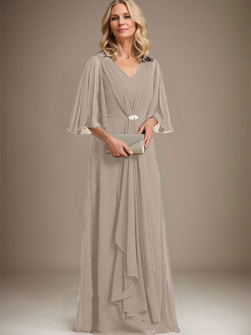 A-line V-Neck Floor-Length Chiffon Mother of the Bride Dress With Cascading Ruffles Crystal Brooch
