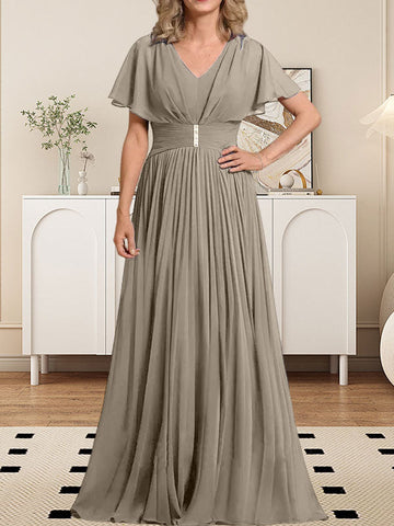 A-line V-Neck Floor-Length Chiffon Mother of the Bride Dress With Crystal Brooch Pleated