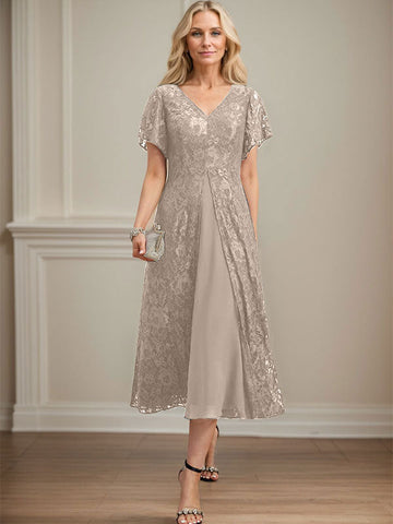 A-line V-Neck Tea-Length Lace Chiffon Mother of the Bride Dress