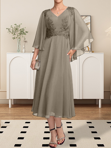 A-line V-Neck Tea-Length Chiffon Lace Mother of the Bride Dress With Beading Sequins